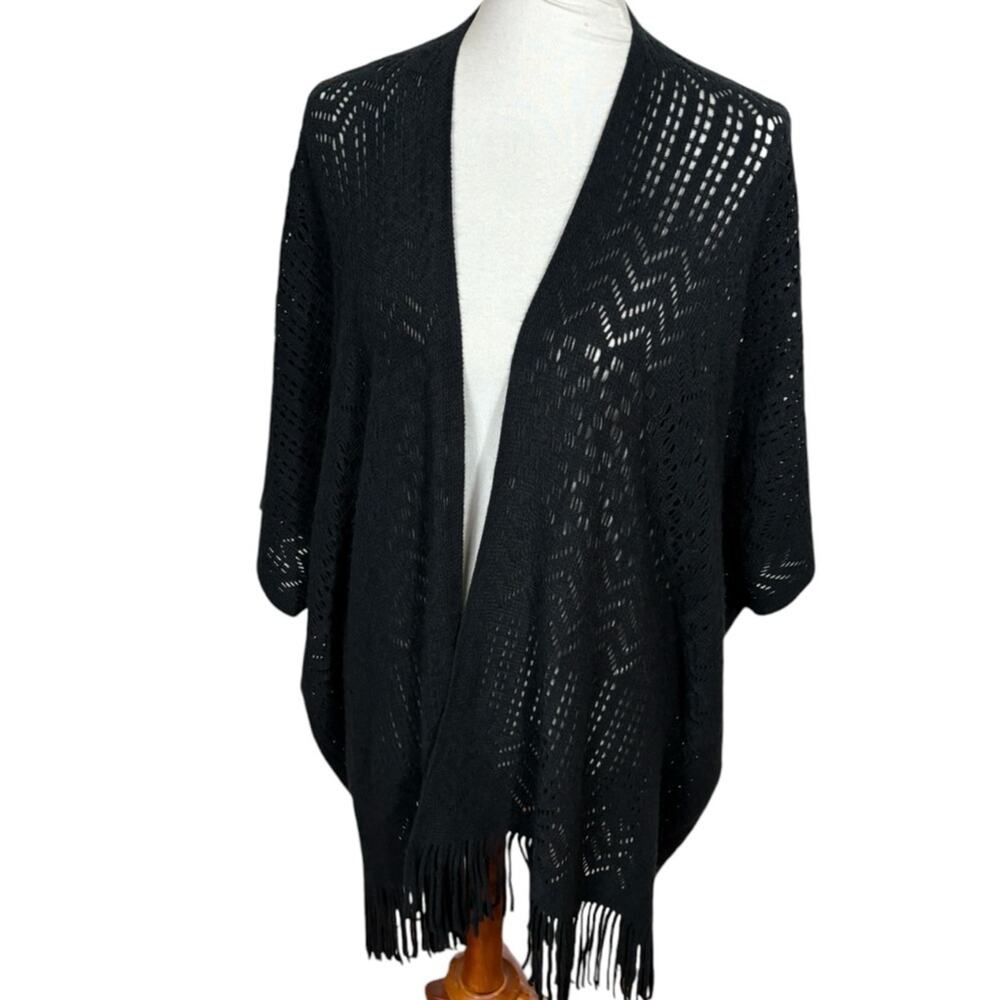 Riah Fashion Black Knit Fringe Shawl One Size